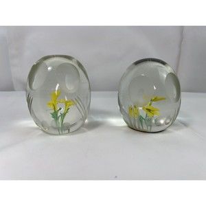 Pair Of Vintage Art Glass Paperweight Yellow Flower Green‎ Grass Animal Face Cut